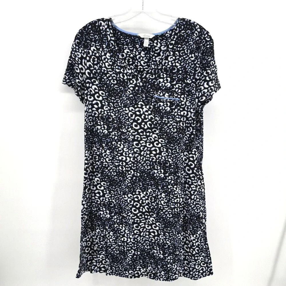 Soma Nightgown Women Small Blue Leopard Print Short Sleeve V-Neck Chemise Sleep
